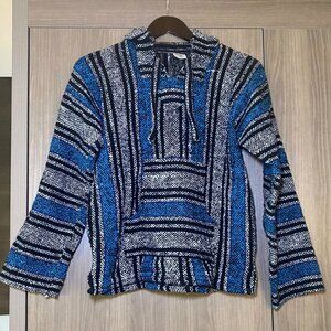 Baja Hoodie Pullover Artesanias Tlaxcaltecas Stripe Blue Black Boho Indie Mexico